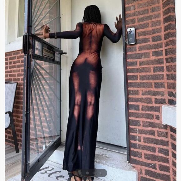 Y2K 3D Body Heat Print Long Sleeve Unique Body-Shaping Maxi Dress - Picture 3 of 9